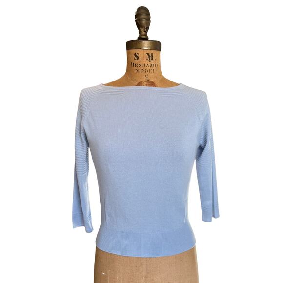 Never Worn Eric Bompard Light Blue Cashmere Silk Sweater, Boat Neck ¾ Sleeve Top - Picture 3 of 10